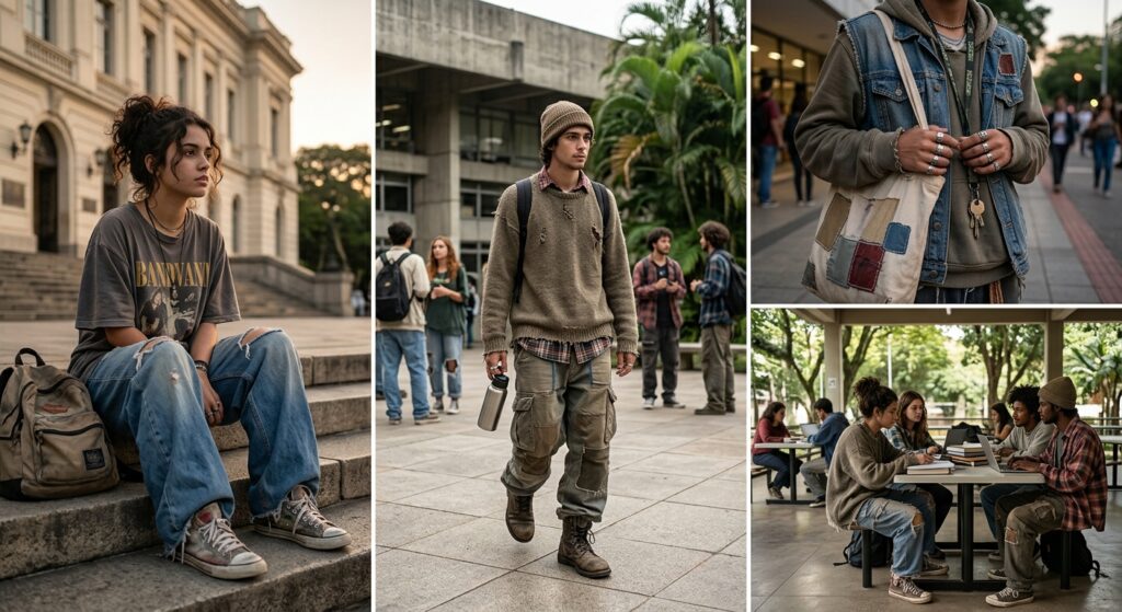 Roupas largas, por vezes rasgadas, chinelos de dedo, tecidos desbotados e uma aparência propositalmente desleixada tornaram-se o uniforme de uma geração.